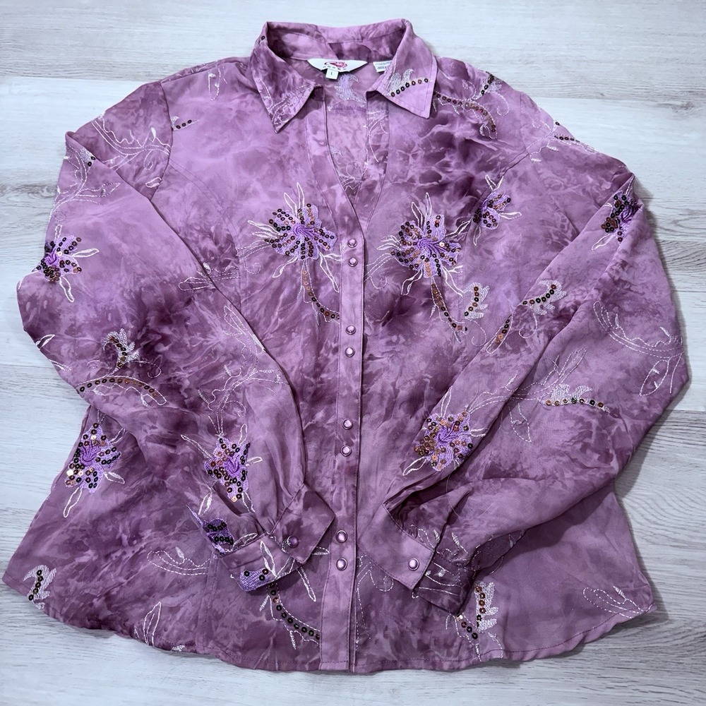 Roper Womens Shirt L Purple Embroidered Sequin Floral Western Blouse